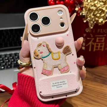 粉色波點可愛小馬適用蘋果17手機殼皮紋鏡面支架iPhone16麵包殼15promax防摔14/13/12