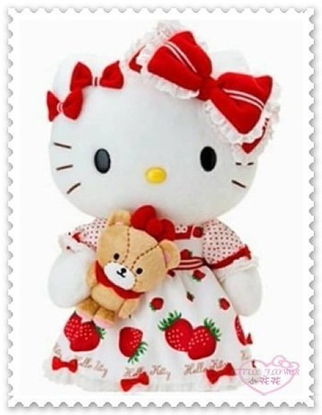 小花花日本精品Hello Kitty 紅色蝴蝶結 草莓 洋裝 站姿 緞帶 小熊 娃娃 玩偶 盒裝 50117604
