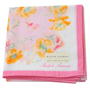 RALPH LAUREN 繽紛花朵字母LOGO圖騰帕領巾(白粉色底/粉紅邊)