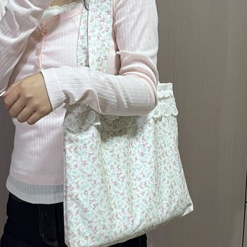 日系碎花帆布包女時尚百搭單肩包休閒通勤包大容量托特包蕾絲邊手提包 學生上課包 質感側背包 肩背包 上班包 帆布袋 購物袋
