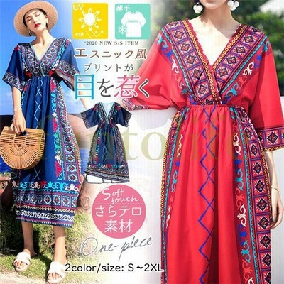 エスニックワンピース カシュクール Vネック ハイウエスト 半袖 ロング ミモレ丈 Aライン レディース 夏 リゾート ビーチワンピース 袖あり 通販 Lineポイント最大get Lineショッピング
