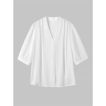 (免運)大洪官方嚴選店都市girl新款仿醋酸暗紋袖口微收碎褶V領短袖襯衫