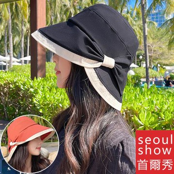 seoul show首爾秀 拼色扭扭蝴蝶結棉質混紡漁夫帽四季防曬遮陽帽