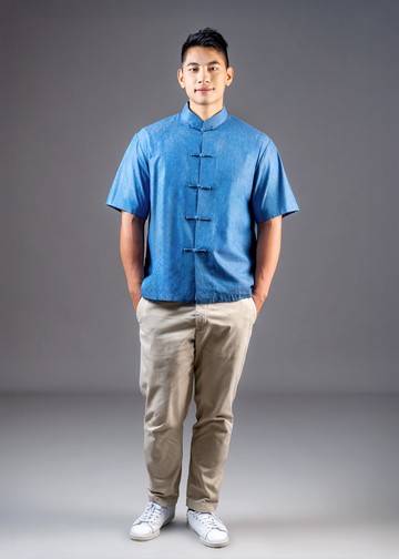 男士短袖牛仔唐裝襯衫 (藍色)|香港設計