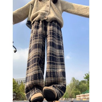 【台灣现貨】秋冬長褲 女生褲子 韓系百搭長褲 保暖格子褲 寬鬆休閑長褲 女生闊腿褲 柔軟褲子 日常通勤褲 顯瘦長褲