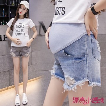 漂亮小媽咪 【P3331】 夏日 磨破 托腹褲 毛邊 孕婦牛仔短褲 破洞 牛仔褲 孕婦褲 抓鬚 孕婦短褲