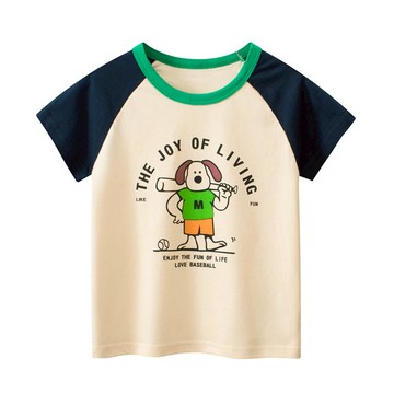 27KIDS - 純棉短袖上衣-棒球狗狗-米杏+深藍