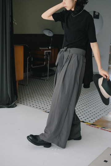 大綁帶寬尼龍落地寬褲 - 2色 - 大綁帶灰