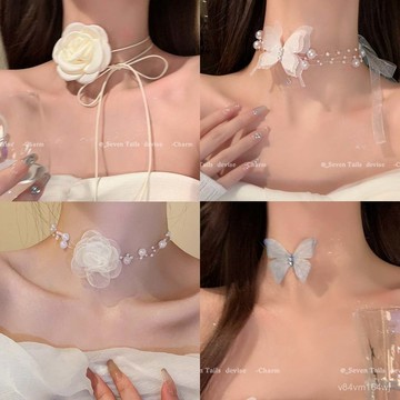 【蜜糖の妝品】臺灣發貨白玫瑰山茶花爆款蝴蝶項鏈女輕奢高級感鎖骨鏈超僊氣質脖頸鏈女