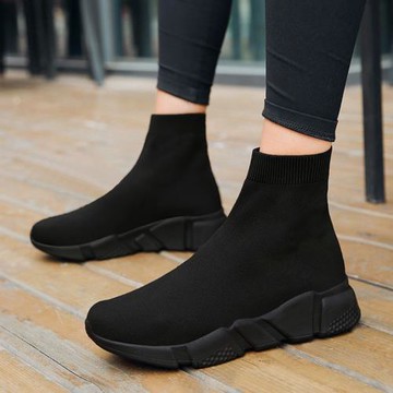 襪子鞋女春秋高幫飛織女靴一腳蹬軟底運動媽媽鞋大碼老北京布鞋女
