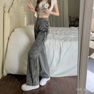 【限時特賣】牛仔褲女 牛仔長褲 高腰牛仔褲 牛仔寬褲 高腰褲 長褲女 褲子女拖地煙灰色牛仔褲秋季韓版2024新款設計感綁