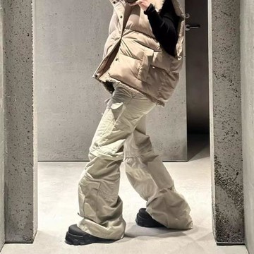 美式高街Flared Cargo風格多口袋拉鏈可拆卸工裝褲男潮牌闊腿喇叭
