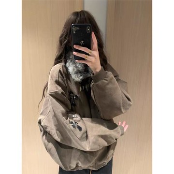 美式復古毛領棉服座山雕外套女冬季新款寬松加絨加厚情侶夾克棉衣