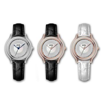 Folli Follie 36毫米 奢華滿鑽 誥石 珍珠母貝錶盤 鱷魚壓紋真皮腕錶(多款任選)