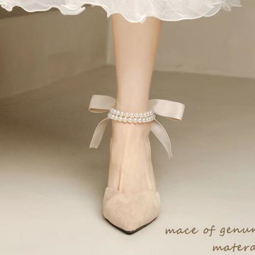 仙女風配裙子法式小眾高跟鞋女夏粗跟溫柔杏色氣質珍珠伴娘鞋中跟