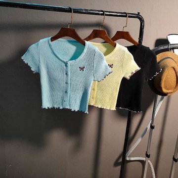 蝴蝶刺繡針織短袖上衣女2024新款短款彈力修身木耳邊排扣t恤