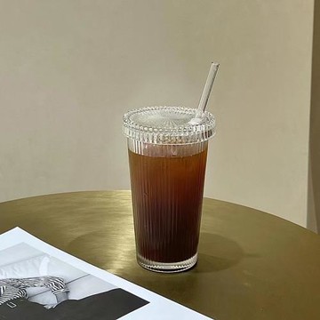 ins豎條紋帶蓋吸管杯高顏值水杯拿鐵咖啡杯牛奶飲料杯果汁玻璃杯