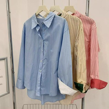 ⚡任選２件＄８９９⚡中大尺碼 襯衫 韓系豎條紋撞色拼接長袖襯衫【074442】FEB21｜3色 19LADY〔現貨〕