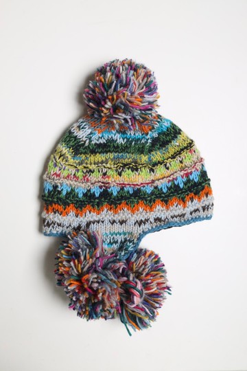 灰白綠雜線辮子毛球帽純羊毛線手工編織全襯防風毛帽子護耳帽保暖