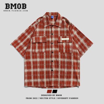 BMOB美式復古格子工裝襯衫男士夏季潮牌高街寬松半袖休閑襯衣外套