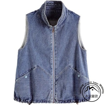 寬版大碼拉鍊牛仔馬甲短版外套秋季新款無袖背心馬夾坎肩流行女裝【木屋雜貨】