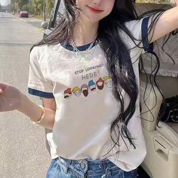 春夏撞色卡通印花上衣