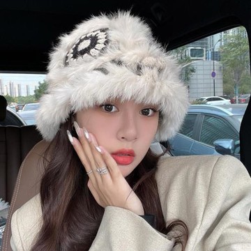 兔毛針織毛絨帽女秋冬季毛茸茸虎頭醒獅漁夫帽可愛顯臉小毛線帽子