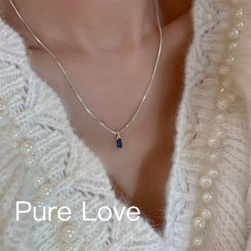 Pure Love樂芙 / 正韓 銀飾【S925純銀】N0981簡約通體純銀項鍊幾何方塊藍色鋯石鎖骨鏈 短項鏈 / 銀