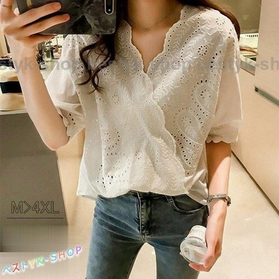 Tシャツ レースブラウス 重ね着 レディース トップス コーデ 可愛い Vネック 5分袖 無地 コットン ゆったり 着痩せ ビッグサイズあり 着まわし 通販 Lineポイント最大get Lineショッピング