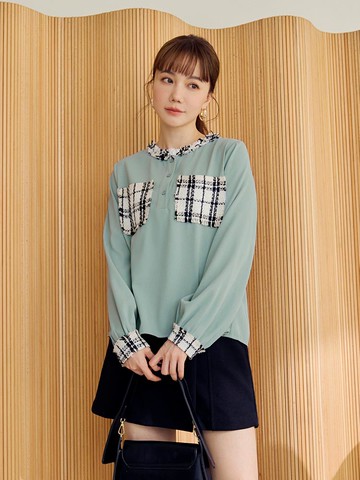 小香風格紋拼接半開襟長袖上衣
