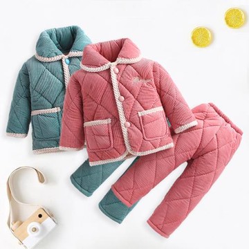 冬兒童珊瑚絨三層夾棉睡衣女童法蘭絨保暖加厚男童小孩家居服套裝