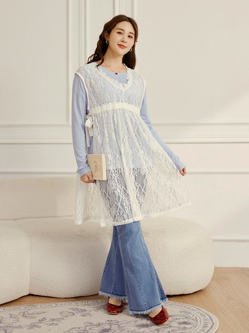 雲朵自訂款-細緻蕾絲單邊綁帶長版罩衫