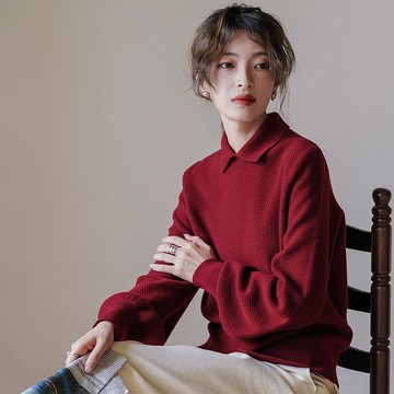 華夫格針織翻領泡泡袖毛衣|毛衣|秋冬款|羊毛|Sora-1051