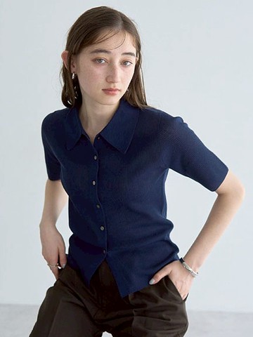 短袖翻領微透針織開襟衫(07000463400) - YECCA VECCA