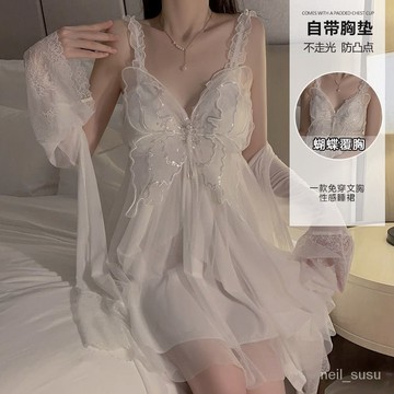 P3-【限時特賣】睡衣 居傢睡衣 性感睡衣 女生睡衣 蝴蝶爆款睡衣純慾胸墊弔帶睡裙蕾絲性感傢居服網紗外袍套裝