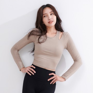 Mori girl 鏤空雙肩帶長袖上衣 (有胸墊) 卡其