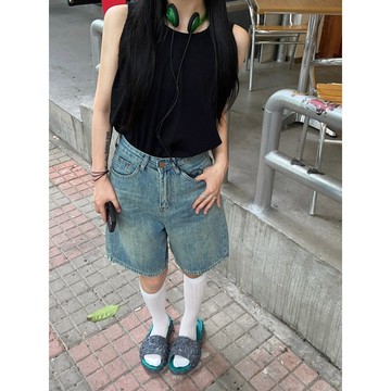 【小個子】145小個子穿搭 牛仔短褲 美式複古 五分牛仔褲女 百搭寬鬆 顯腿長 韓版ins 顯瘦高腰 闊腿褲 休閒中褲