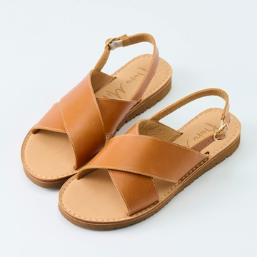 Kuru Mira真皮交叉後帶平底涼鞋-蜜梨