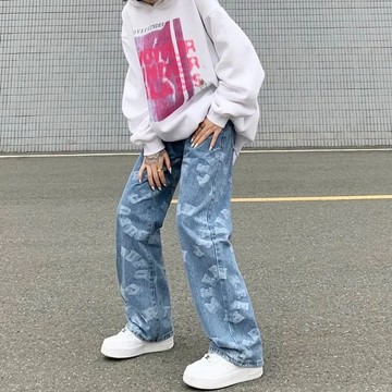 牛仔寬褲女 大尺碼牛仔褲 高腰直筒褲女 顯瘦長褲 韓版牛仔褲女 新款學生直筒牛仔褲女春夏女士個性韓版高腰寬松顯瘦闊腿拖地