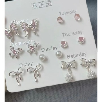 【台灣出貨🎀】春夏新款一週耳釘套裝女S925銀針 緊緻蝴蝶結 小衆花季少女係列小巧耳飾