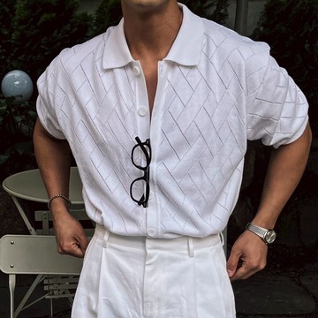 正韓夏日輕柔菱格透膚短袖開襟衫 4色 YUPPIE 預購商品 0722