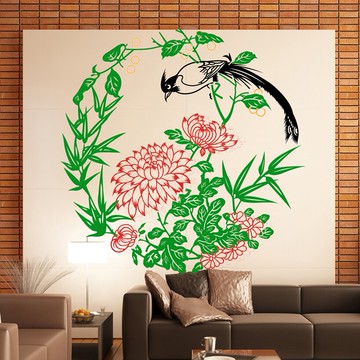 喜鵲牡丹墻貼紙 客廳書房玄關中式裝飾墻貼畫 中國風植物花卉墻貼1入