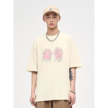 山小川潮牌貓爪印花t恤短袖男夏季純棉寬松半袖圓領潮流男生衣服