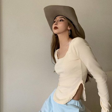 韓版復古不規則氣質U領長袖上衣【W202】