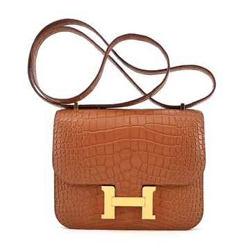 Hermes 愛馬仕 Constance 18cm B刻 霧面密西西比鱷魚皮斜背包(37駝金/金釦)