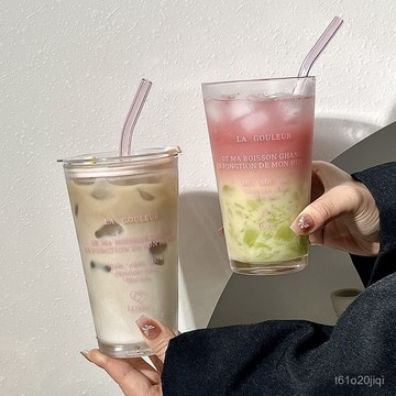 臺灣🙌8H出🔥法式少女英文印花高顔值吸管水杯早餐杯子大容量咖啡杯玻璃杯帶蓋 吸管杯 咖啡奶茶冷飲杯 帶蓋玻璃水杯 早餐杯