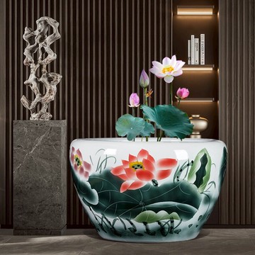 景德鎮陶瓷手繪魚缸大型家用客廳造景庭院落地擺件戶外綠植裝飾品