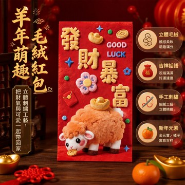 2027羊年利是封 仿刺繡毛絨紅包 生肖卡通萌羊造型 春節拜年壓歲禮 立體小羊發財大吉 新年禮品包裝