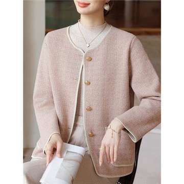 洋氣媽媽秋裝短款小香風外套2025新款中老年女裝早春毛呢針織開衫