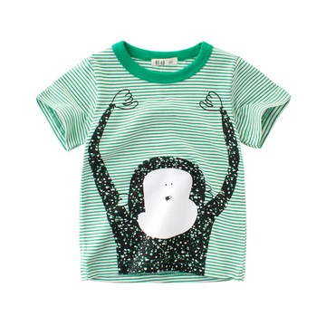 27KIDS - 純棉短袖上衣-可愛猴子-綠色條紋
